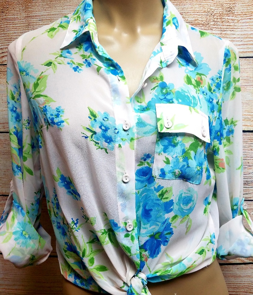 Timing Floral Print Long Sleeve Knot Hem Top, Sz M